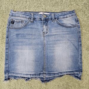 Kancan Womens Jean mini Skirt Blue raw hem distressed Stretch Zip Denim 7 / 27